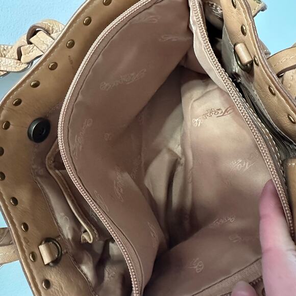 Fossil Tan Leather Shoulder Bag Satchel Studded Braided Handles w/ Key Charm - Picture 6 of 11
